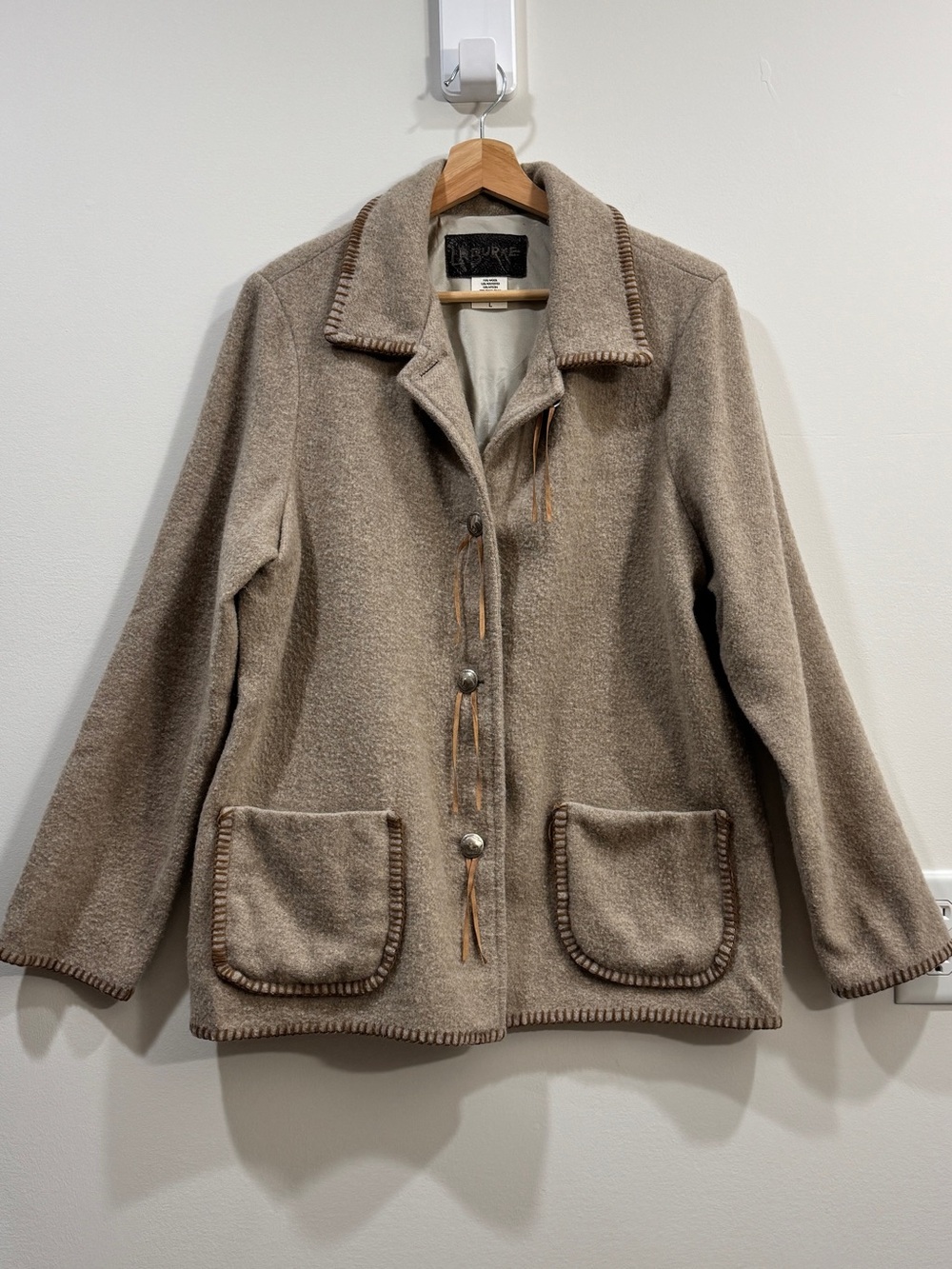 LD Burke Western Wool Jacket L Oatmeal Whipstitch Leather Fringe Concho